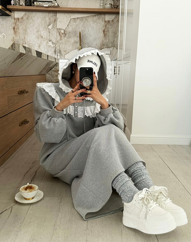 Women's Fleece-Lined Hooded Sweatshirt Dress with Lace Ruffle Trim