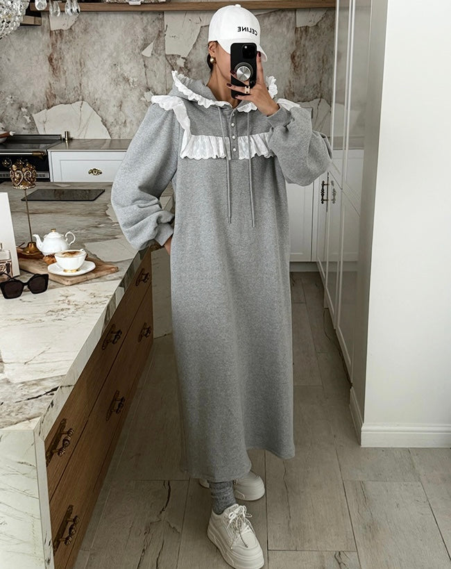 Women's Fleece-Lined Hooded Sweatshirt Dress with Lace Ruffle Trim