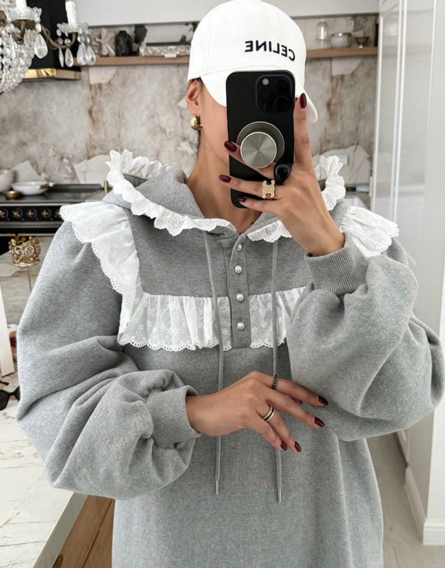 Women's Fleece-Lined Hooded Sweatshirt Dress with Lace Ruffle Trim