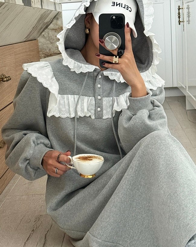 Women's Fleece-Lined Hooded Sweatshirt Dress with Lace Ruffle Trim