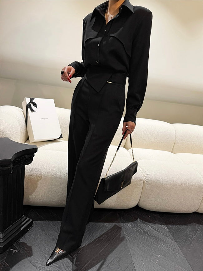 Women's Satin Blend Asymmetric Waist Two-Piece Set Shirt + Wide-Leg Pants