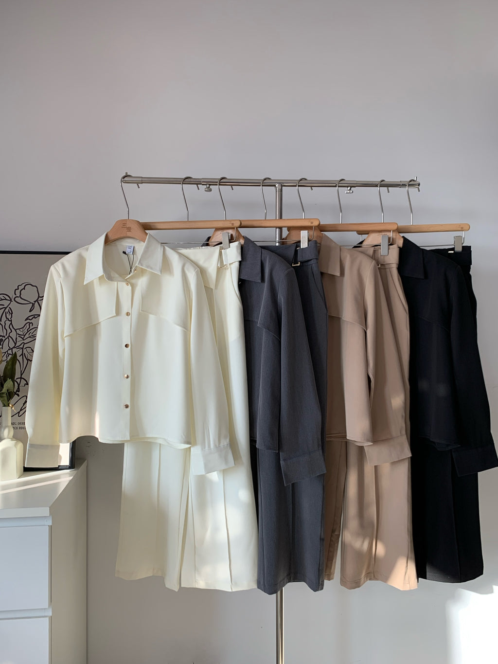 Women's Satin Blend Asymmetric Waist Two-Piece Set Shirt + Wide-Leg Pants