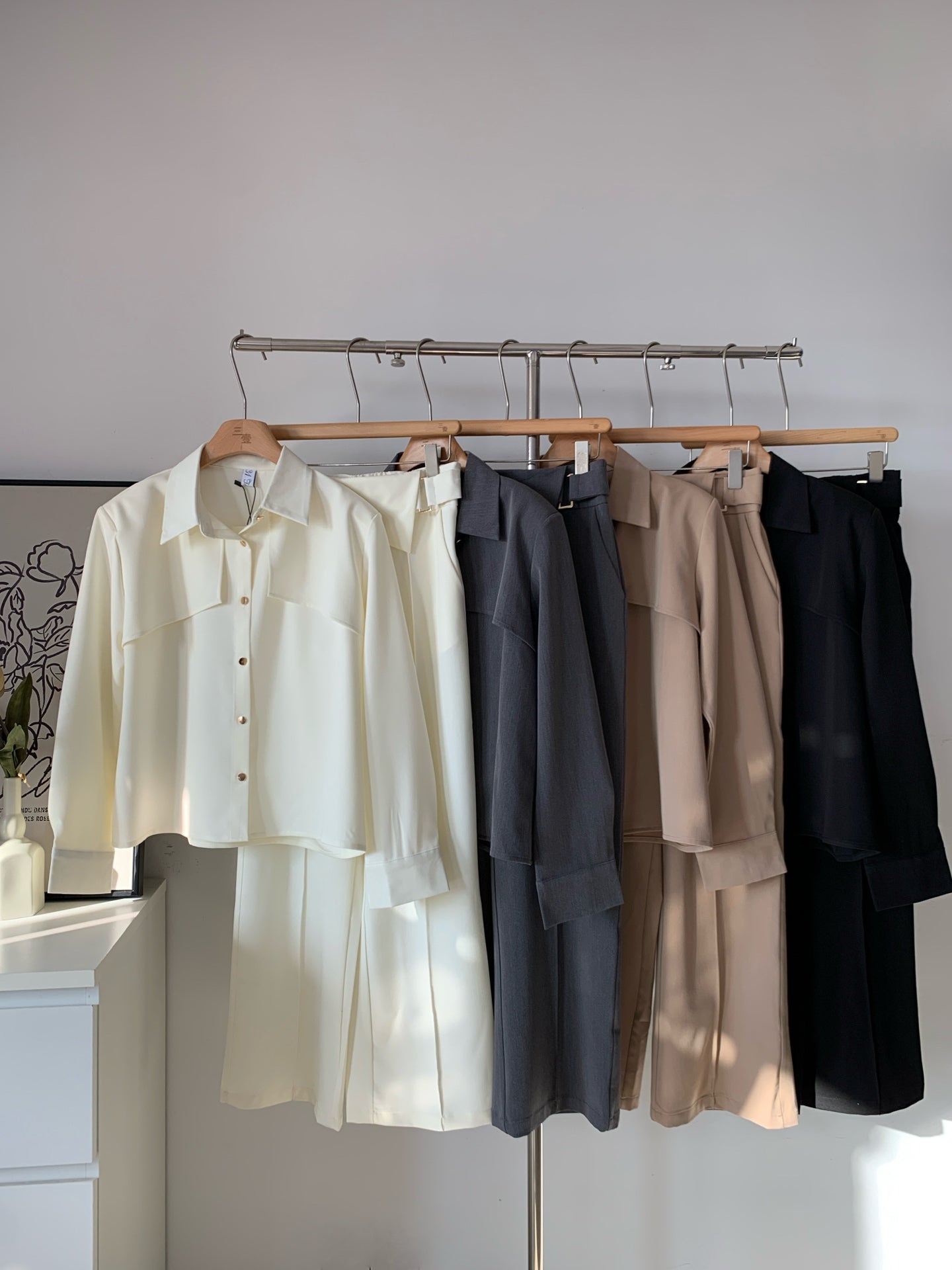 Women's Satin Blend Asymmetric Waist Two-Piece Set Shirt + Wide-Leg Pants