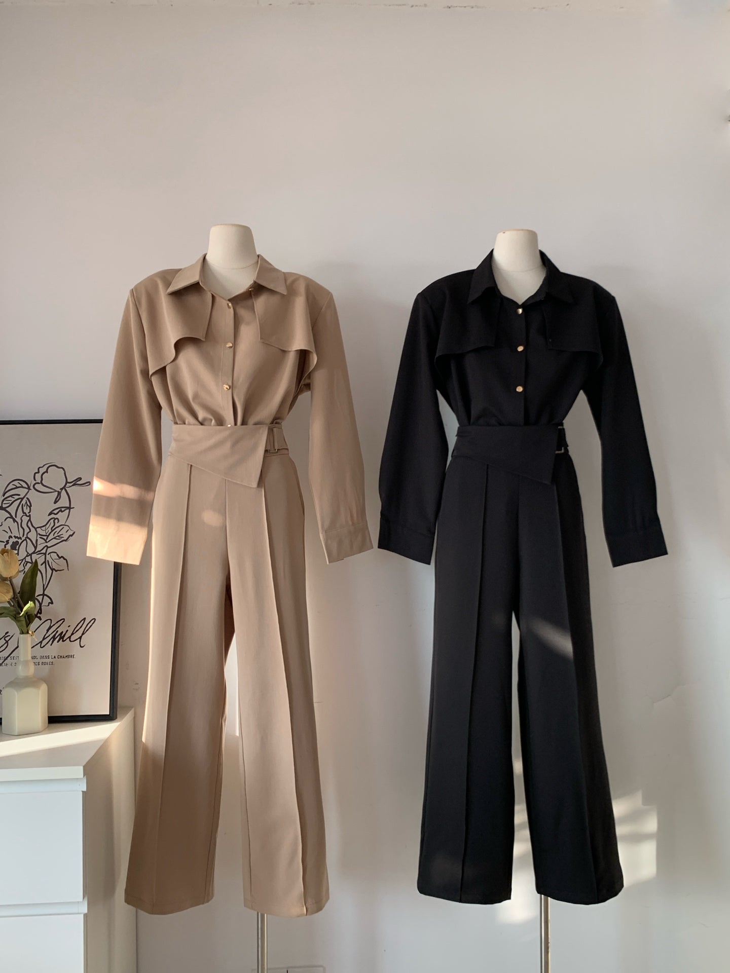 Women's Satin Blend Asymmetric Waist Two-Piece Set Shirt + Wide-Leg Pants