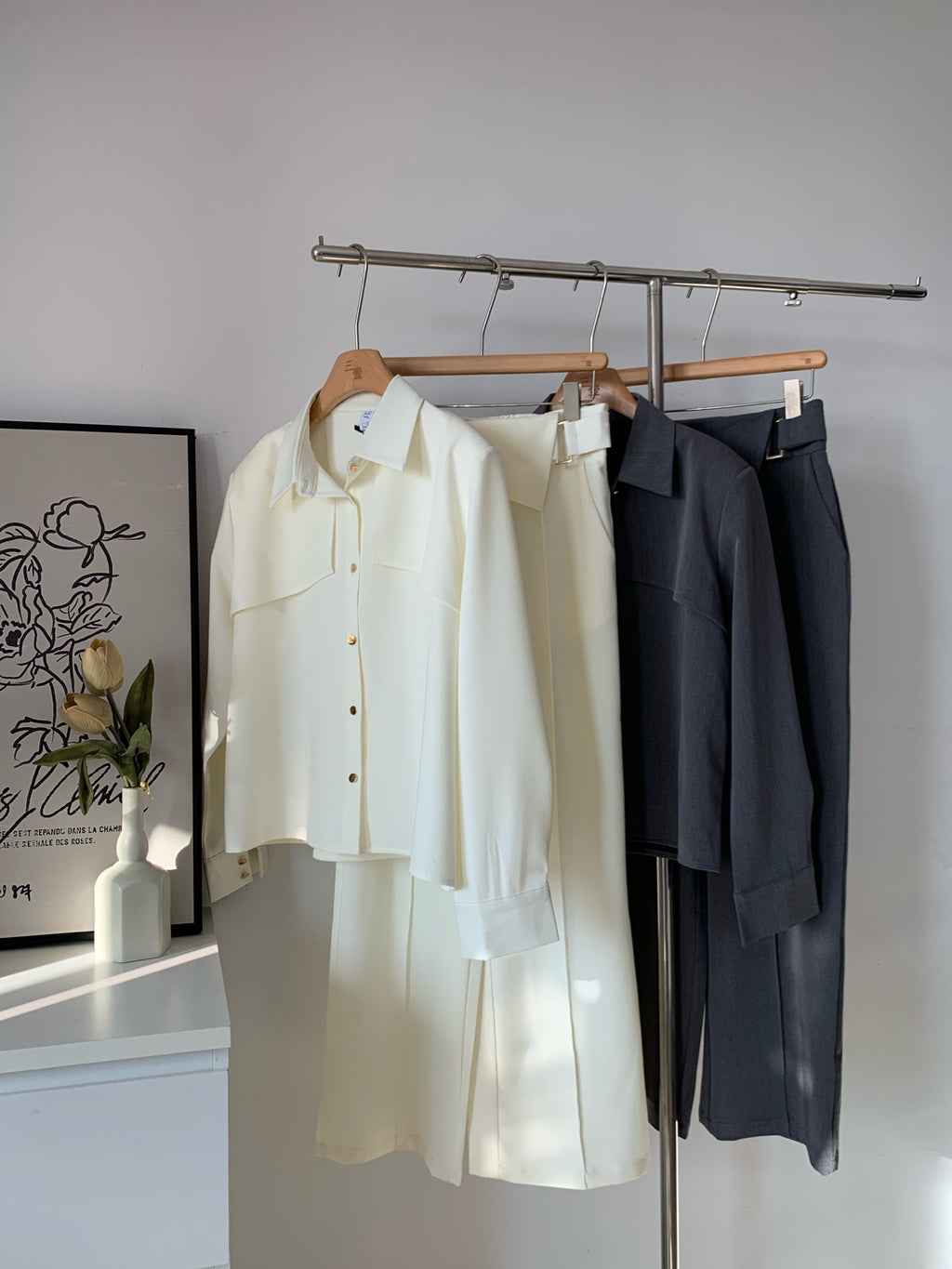 Women's Satin Blend Asymmetric Waist Two-Piece Set Shirt + Wide-Leg Pants