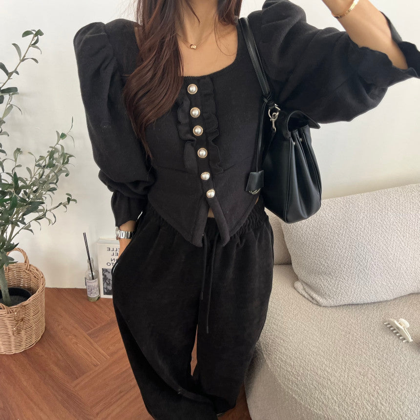 Women's Knit Ruffle Pearl Button Cardigan