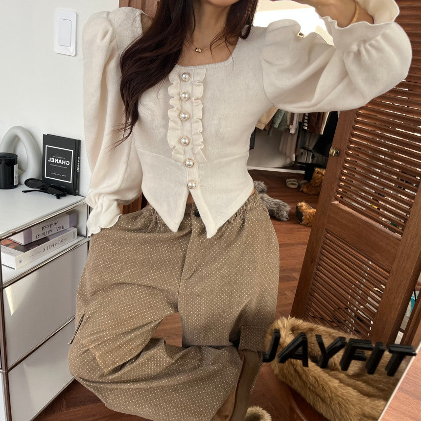 Women's Knit Ruffle Pearl Button Cardigan