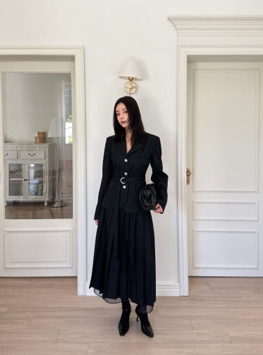 Women's Pinstripe Blazer & Pleated Skirt Two-Piece Set