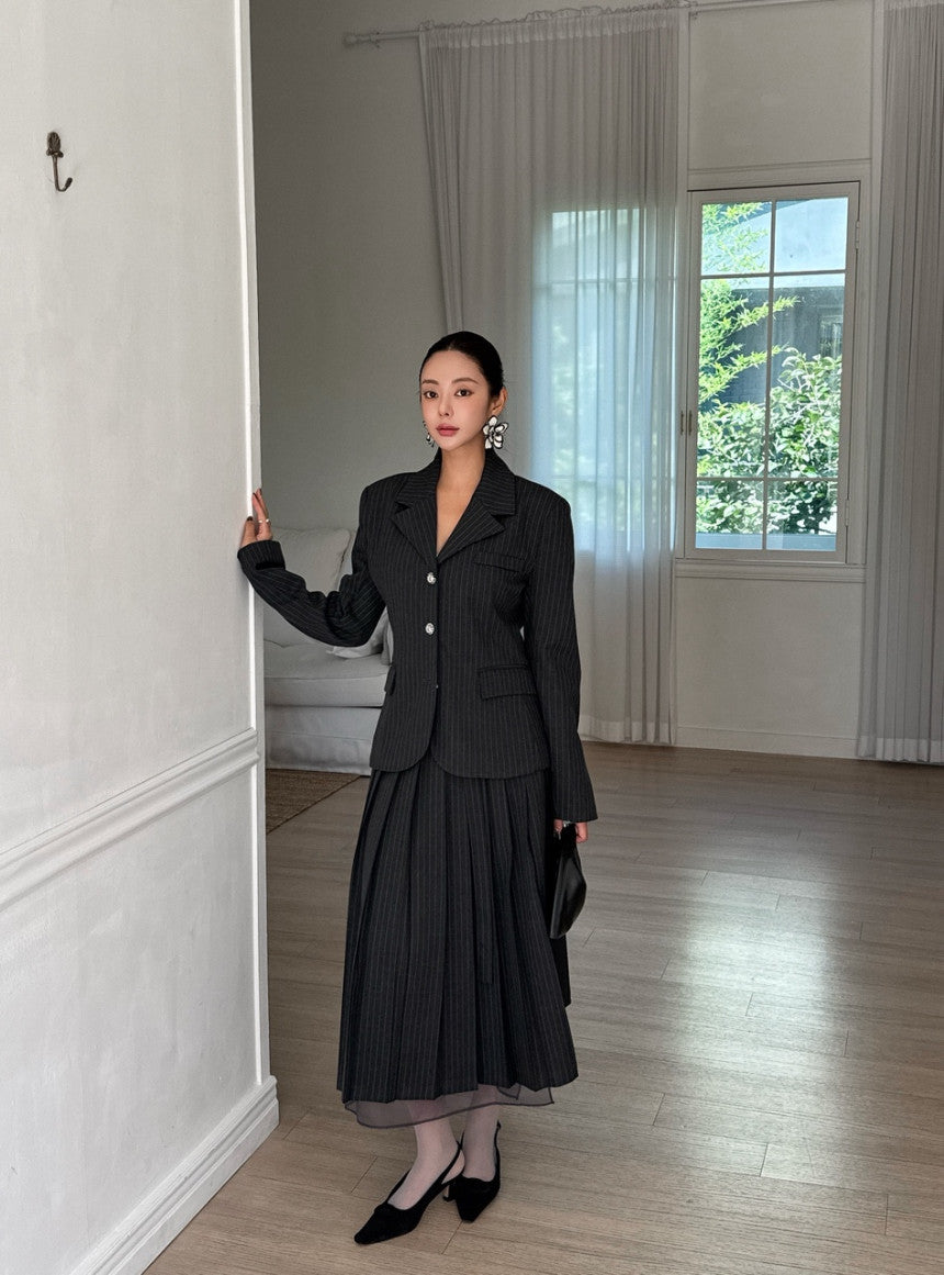 Women's Pinstripe Blazer & Pleated Skirt Two-Piece Set