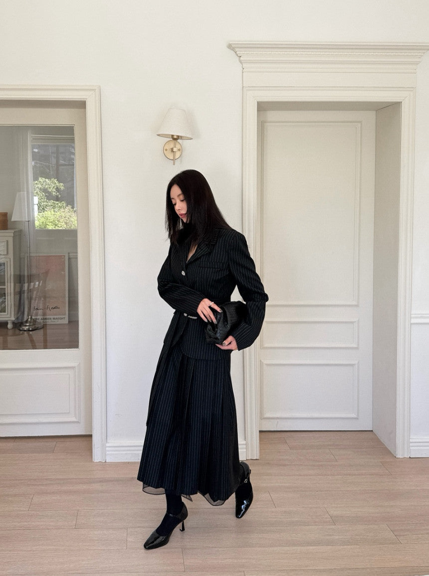 Women's Pinstripe Blazer & Pleated Skirt Two-Piece Set