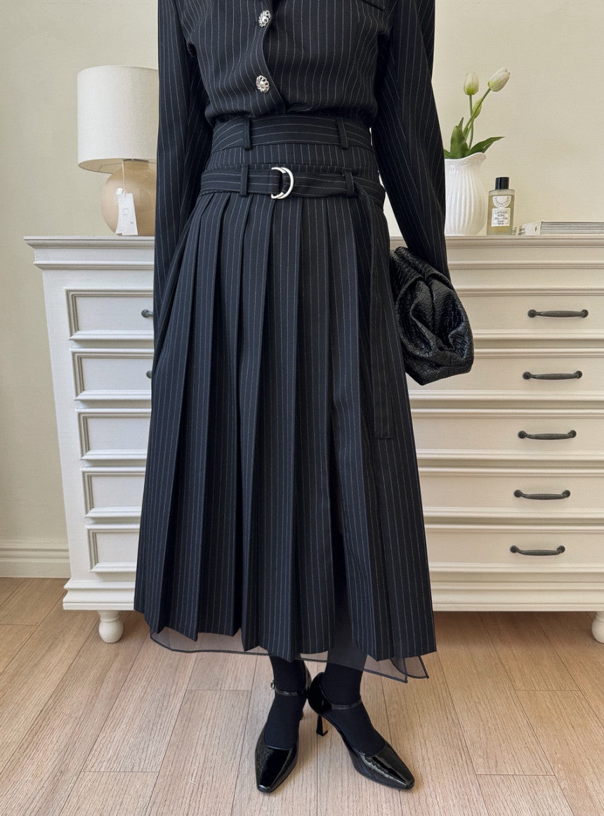 Women's Pinstripe Blazer & Pleated Skirt Two-Piece Set