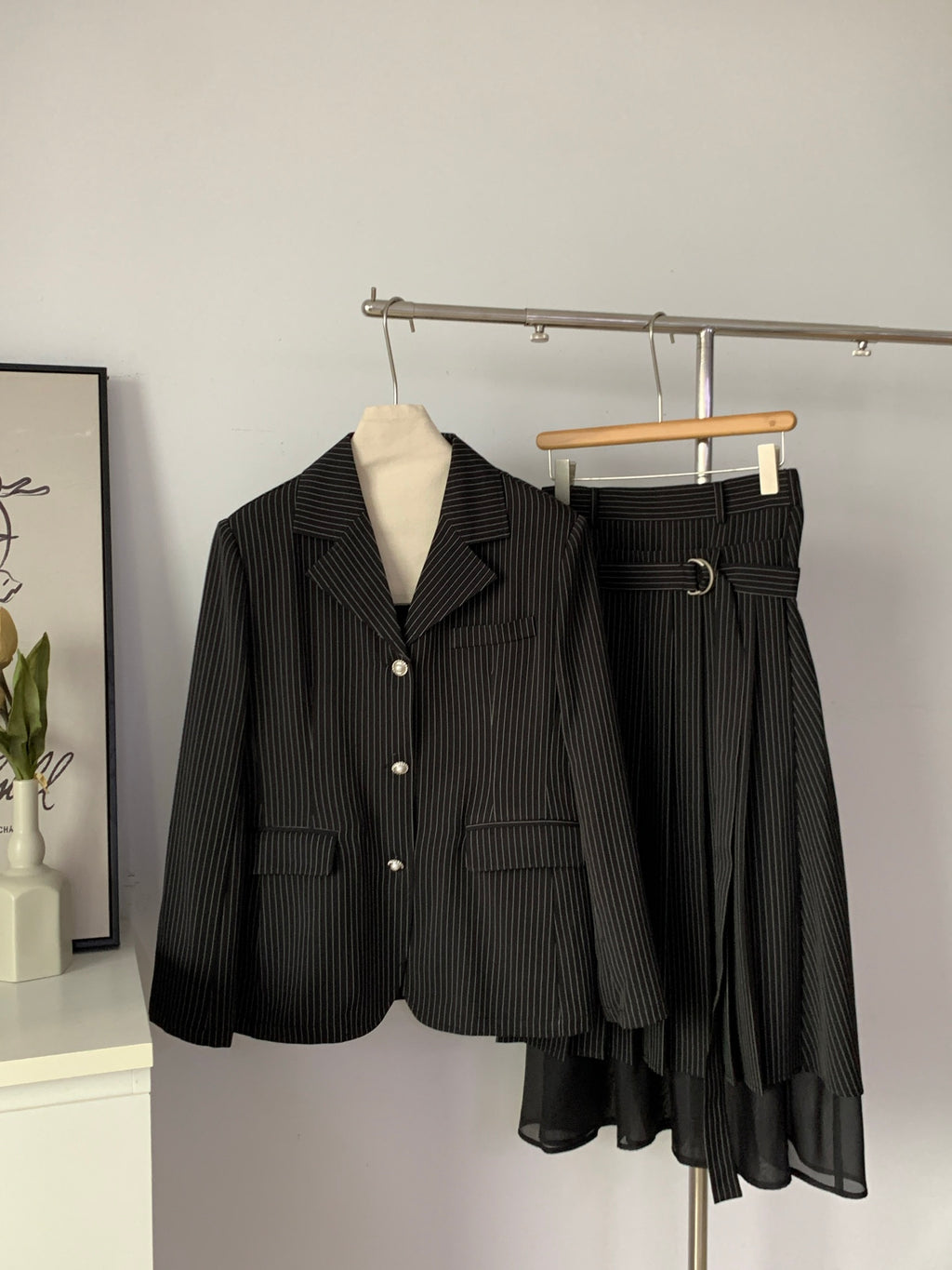 Women's Pinstripe Blazer & Pleated Skirt Two-Piece Set