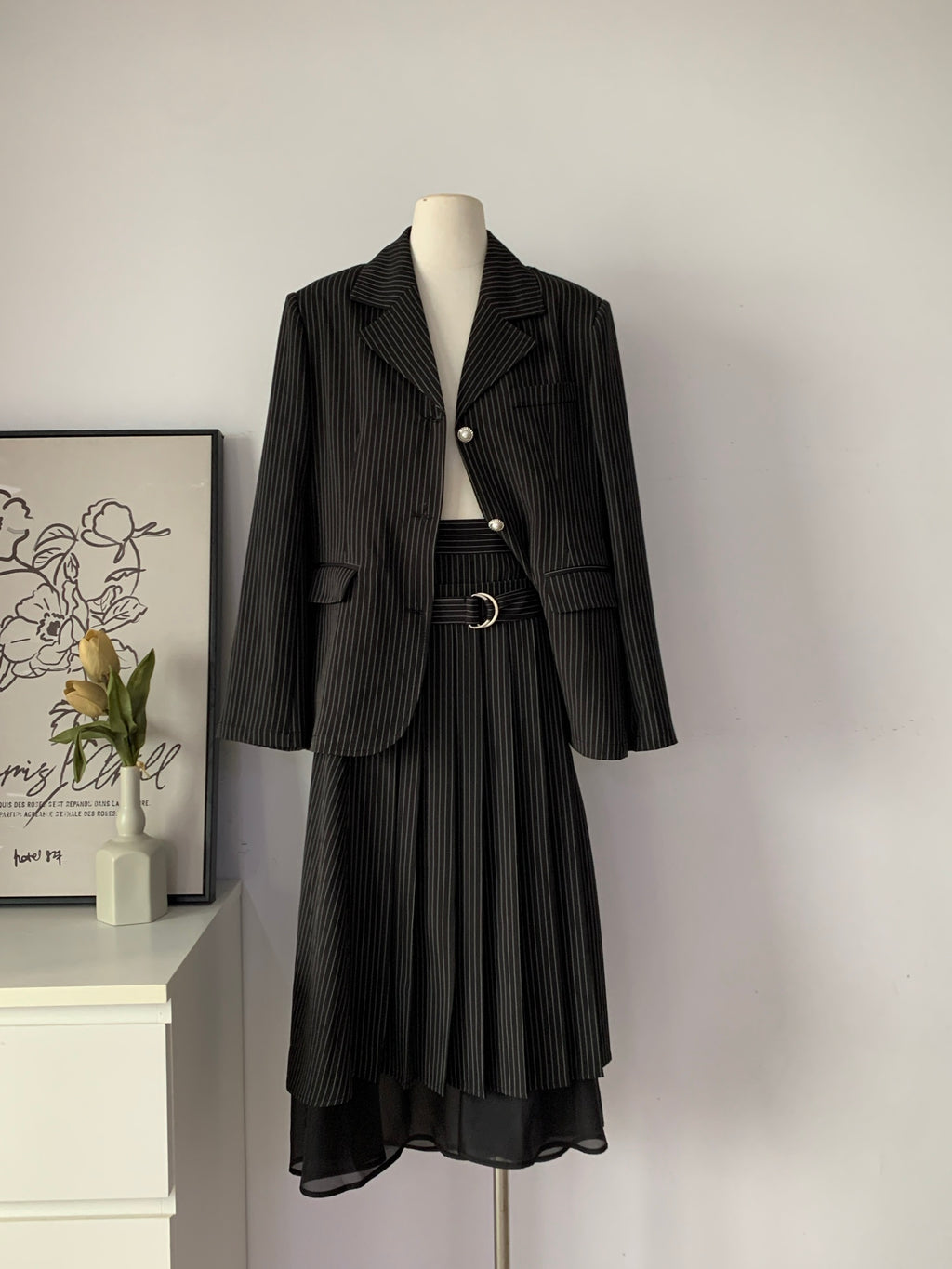 Women's Pinstripe Blazer & Pleated Skirt Two-Piece Set