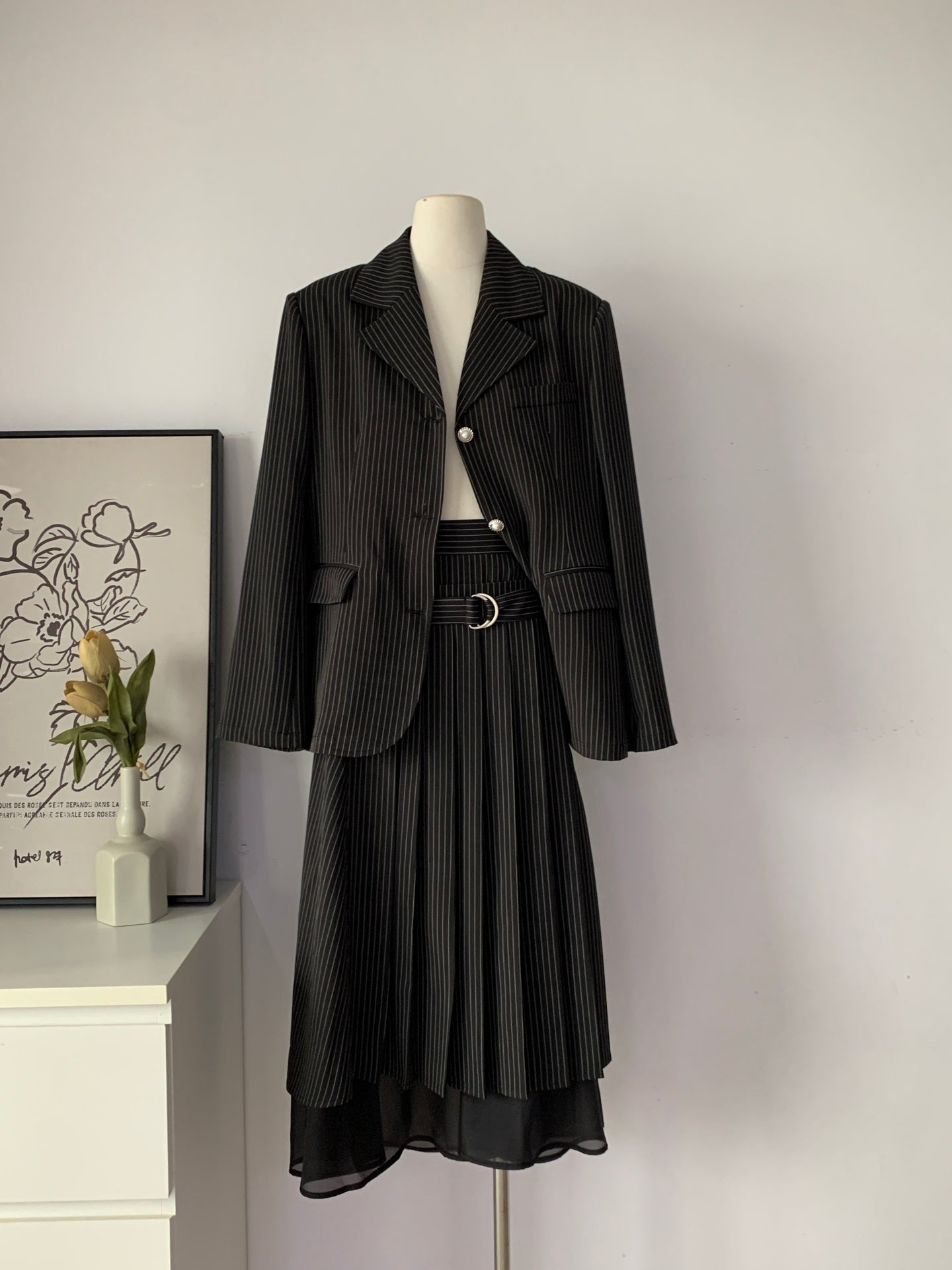 Women's Pinstripe Blazer & Pleated Skirt Two-Piece Set