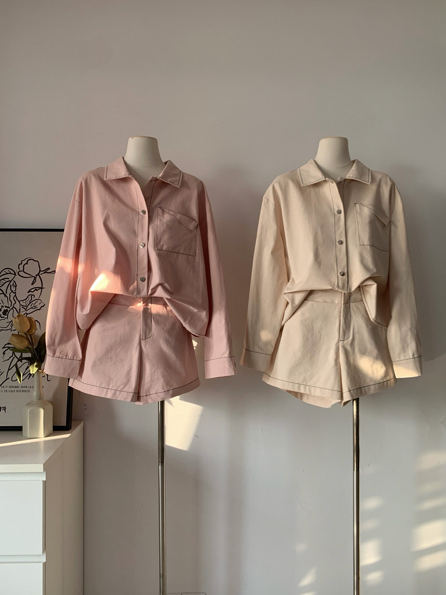Women's Cotton Blend Shacket & Cuffed Shorts Two-Piece Set