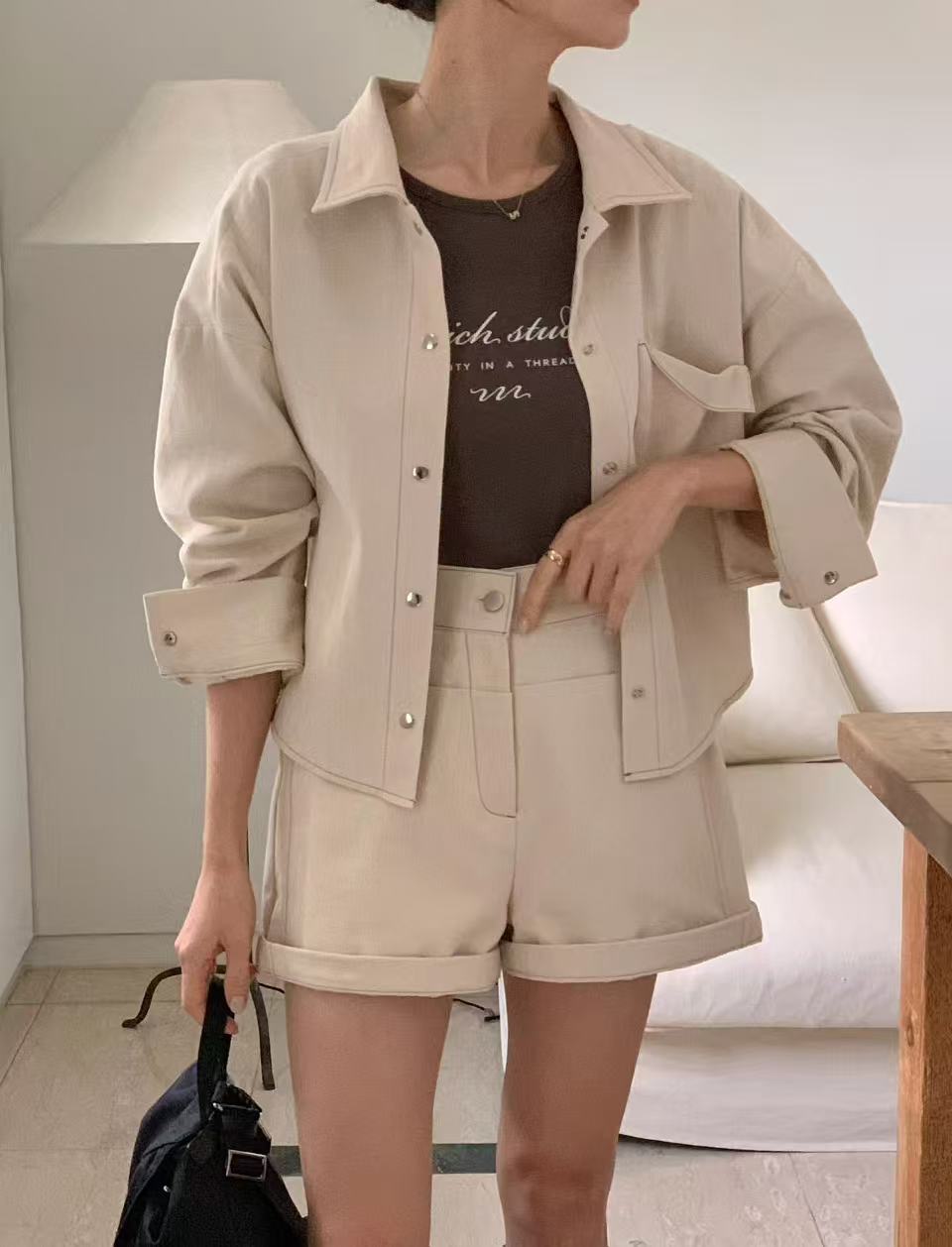 Women's Cotton Blend Shacket & Cuffed Shorts Two-Piece Set