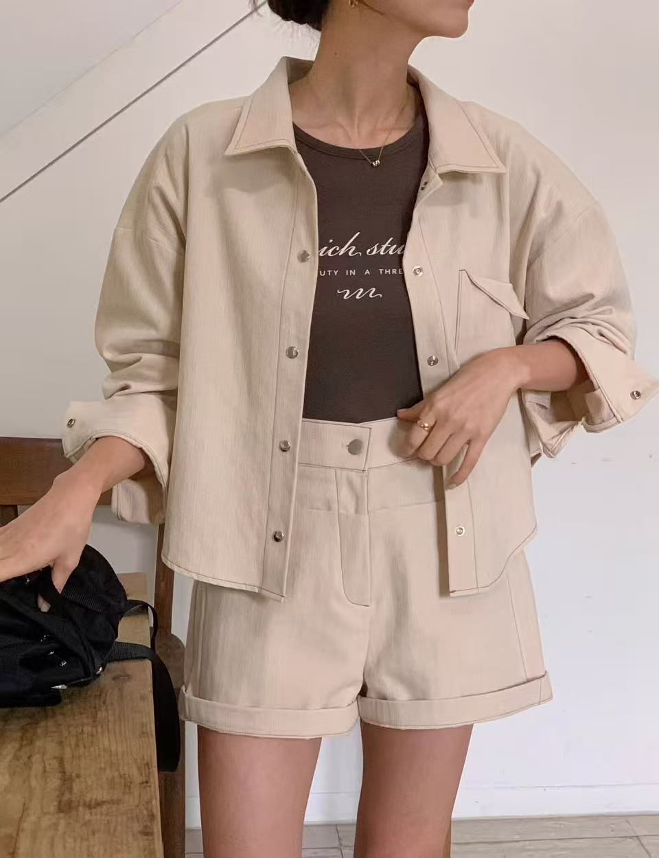 Women's Cotton Blend Shacket & Cuffed Shorts Two-Piece Set