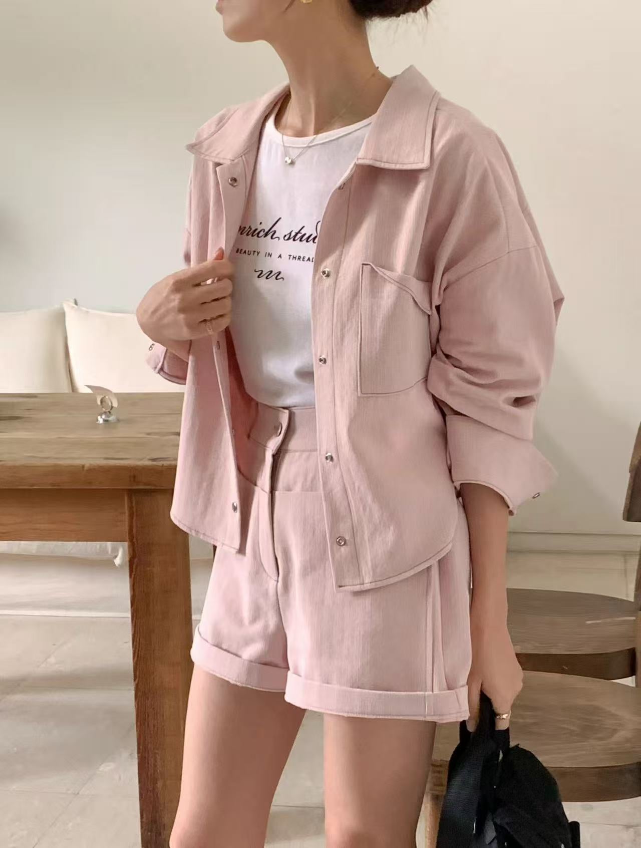 Women's Cotton Blend Shacket & Cuffed Shorts Two-Piece Set