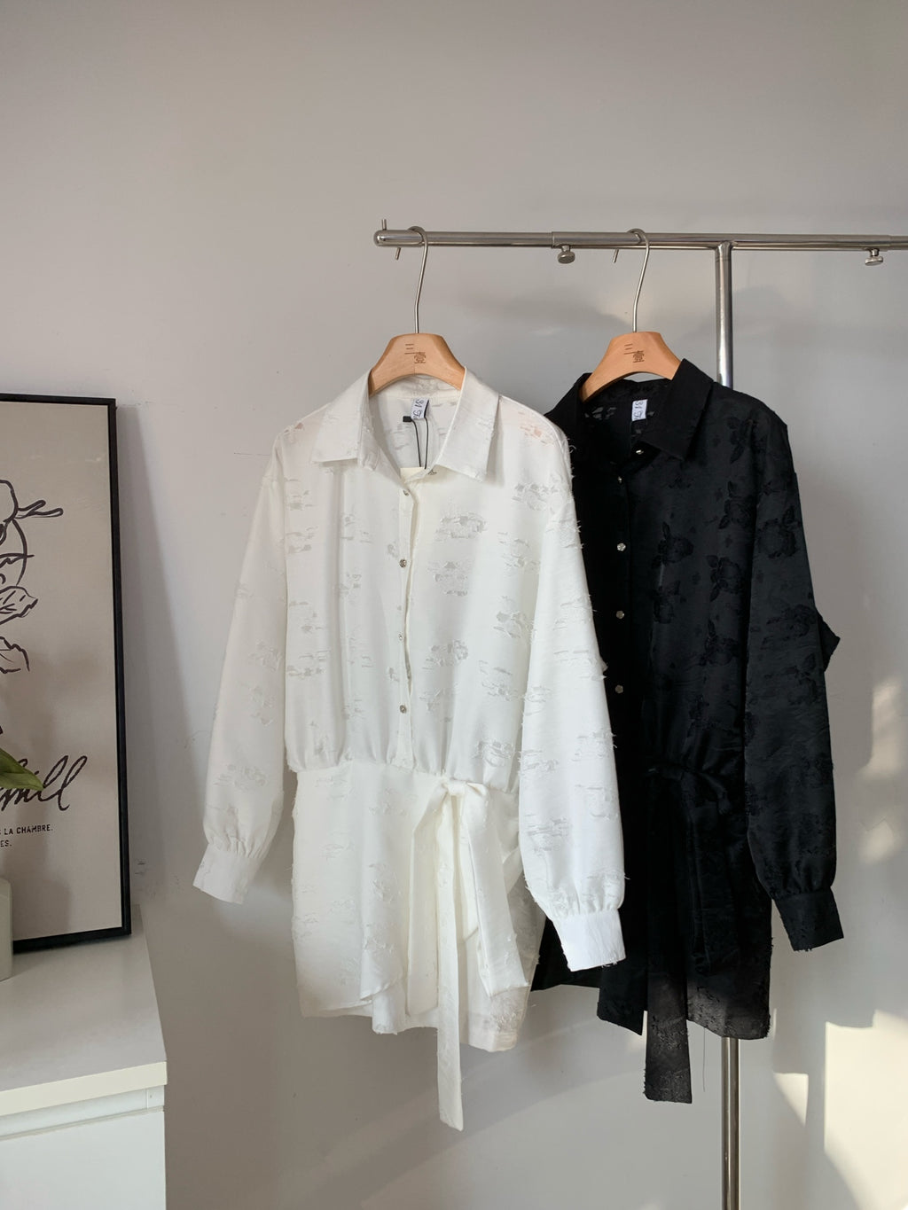 Women's Distressed Textured Shirt Dress with Sash Tie