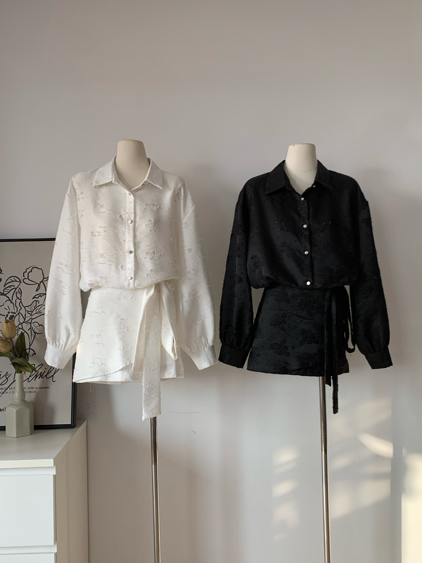 Women's Distressed Textured Shirt Dress with Sash Tie