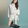 Women's Distressed Textured Shirt Dress with Sash Tie