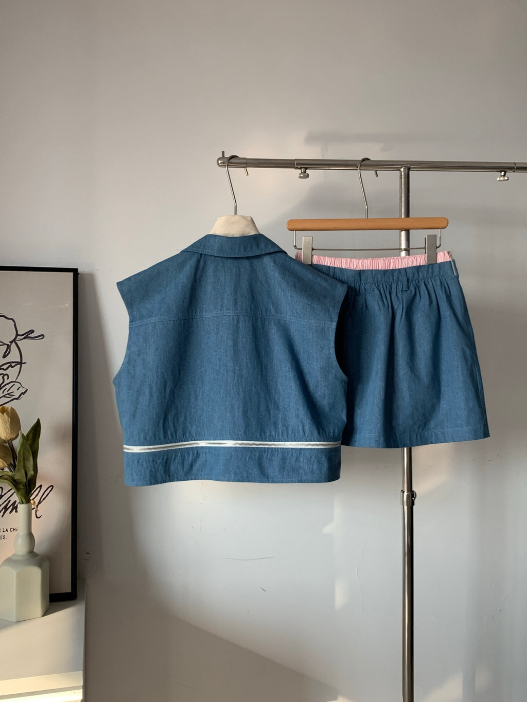 Women's Denim Crop Vest & Ruffle Skirt Two-Piece Set