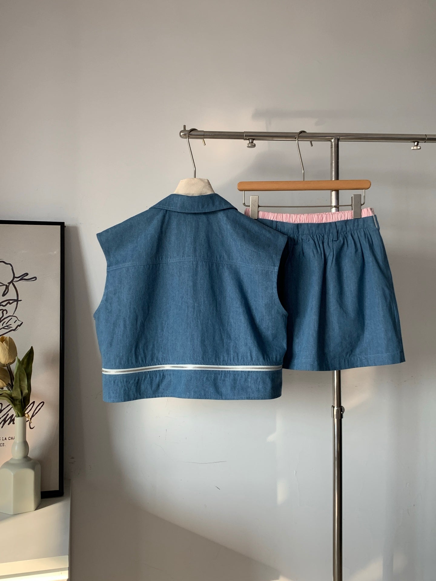 Women's Denim Crop Vest & Ruffle Skirt Two-Piece Set