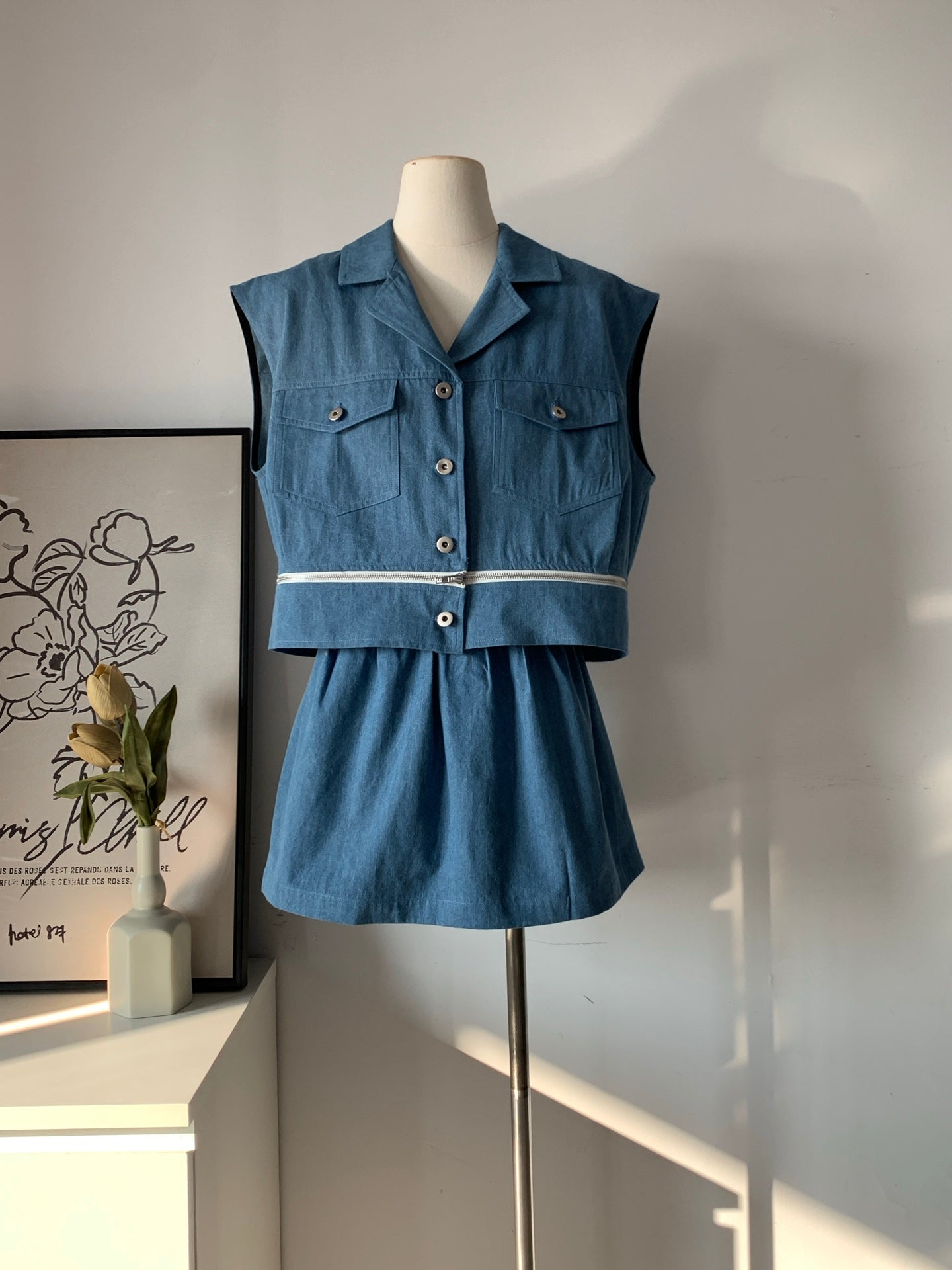 Women's Denim Crop Vest & Ruffle Skirt Two-Piece Set