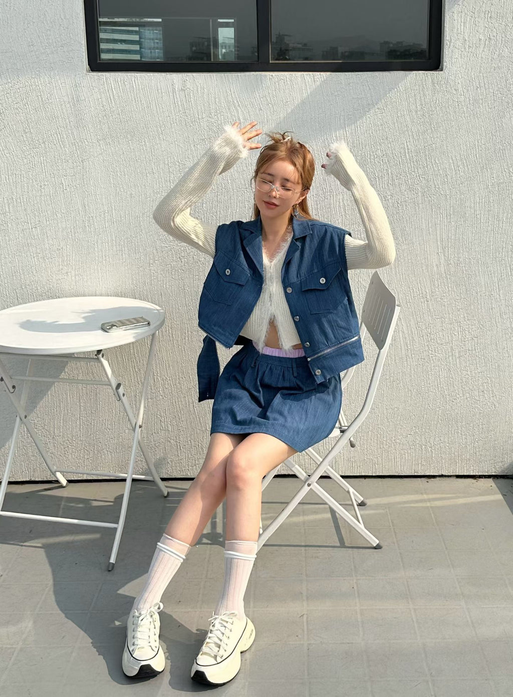 Women's Denim Crop Vest & Ruffle Skirt Two-Piece Set