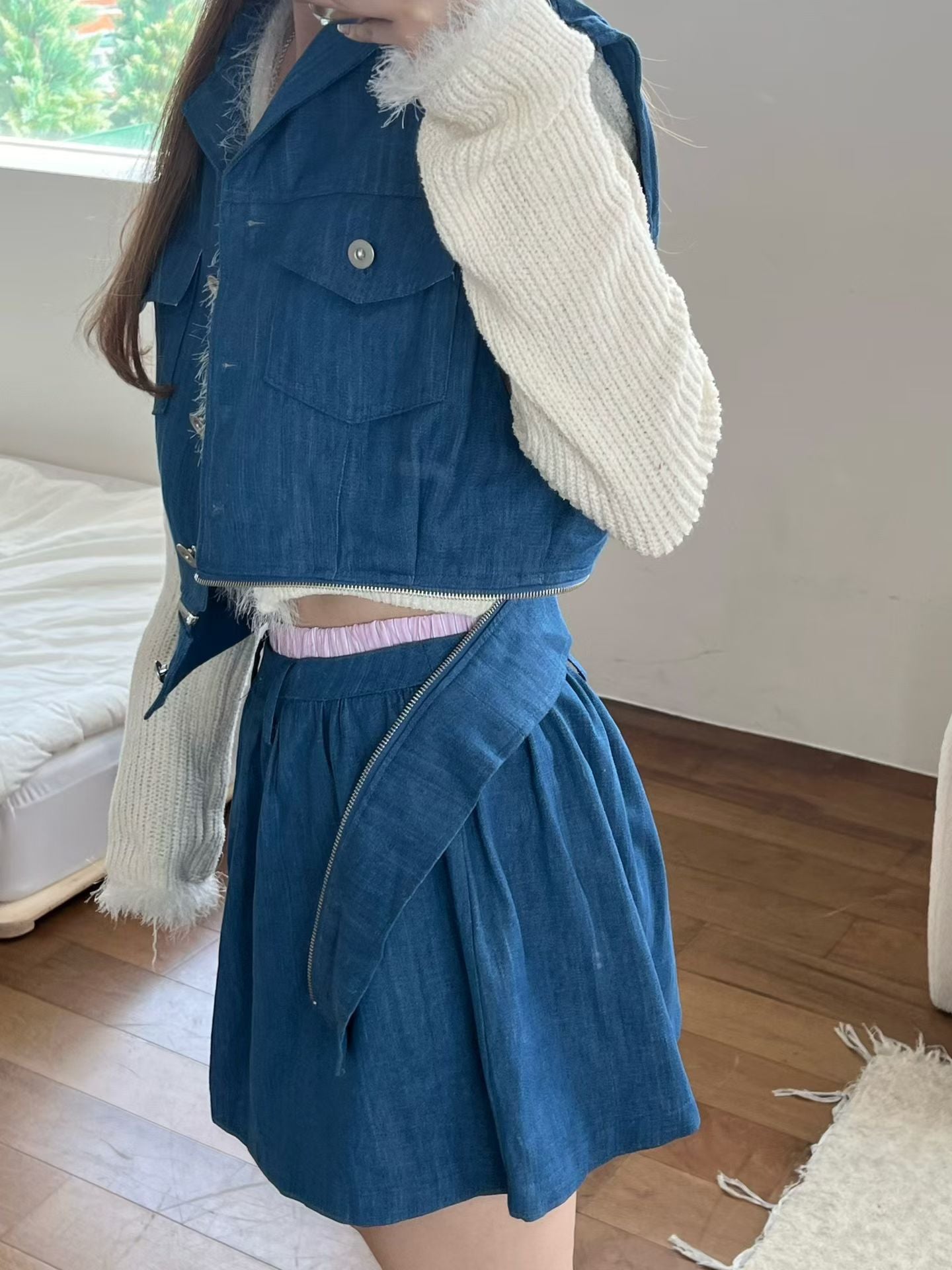 Women's Denim Crop Vest & Ruffle Skirt Two-Piece Set