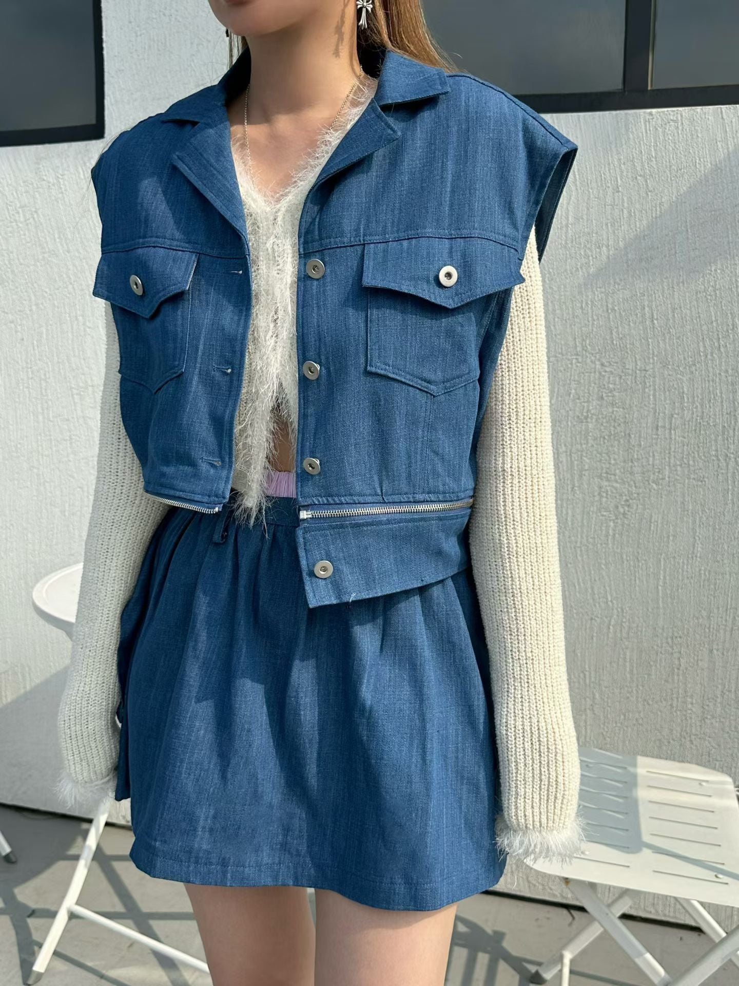 Women's Denim Crop Vest & Ruffle Skirt Two-Piece Set