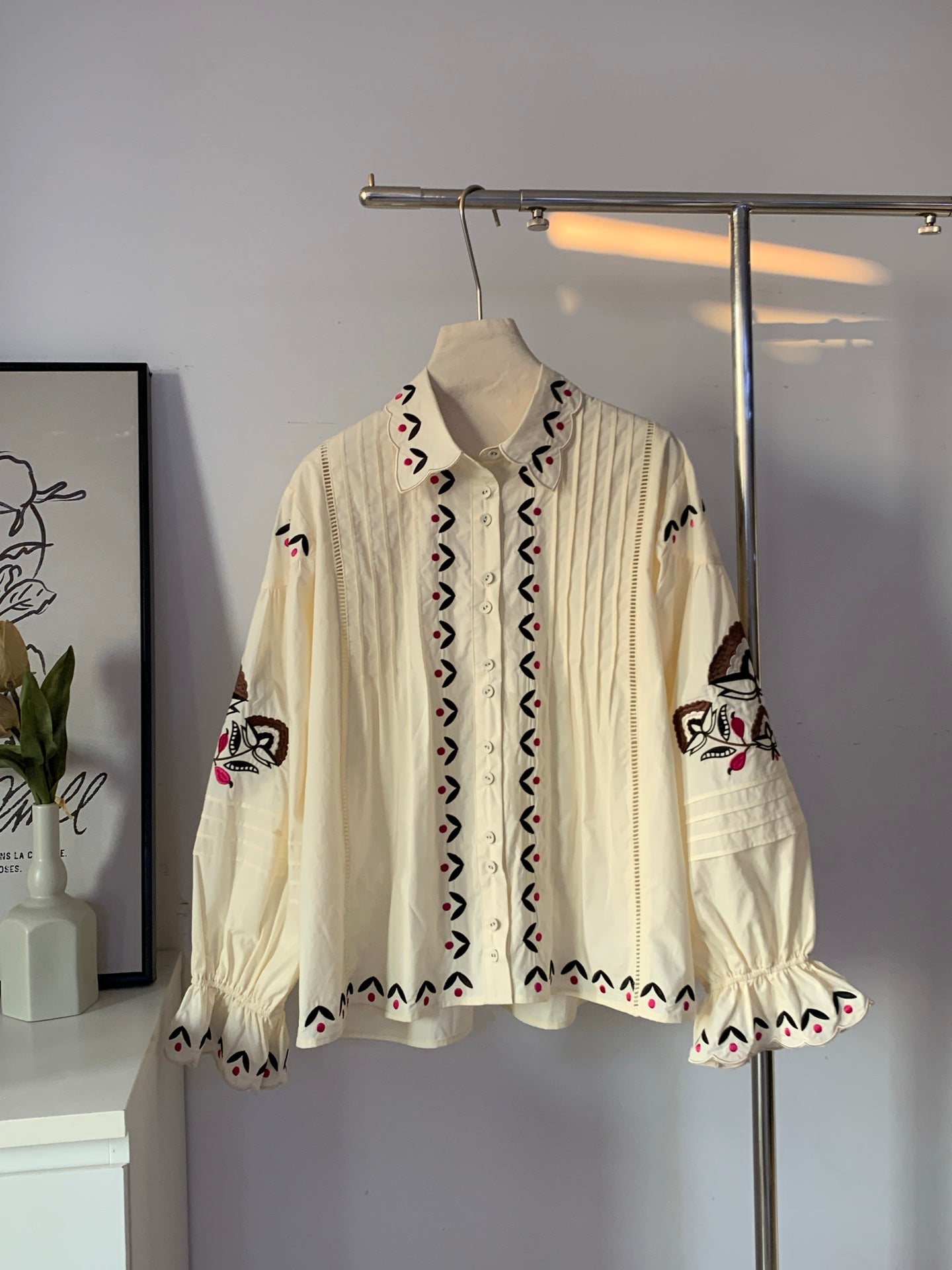 Women's Boho Embroidered Ruffle Sleeve Blouse