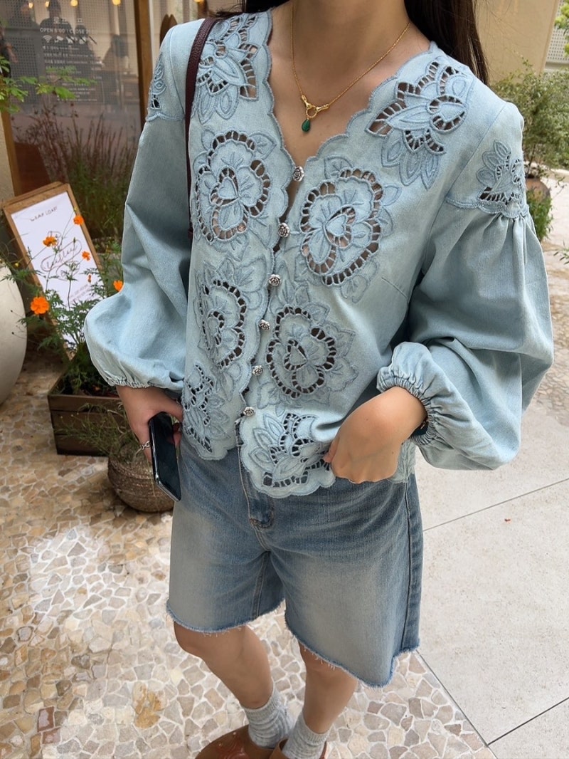 Women's Chambray Lace Cutout Floral Embroidered Blouse