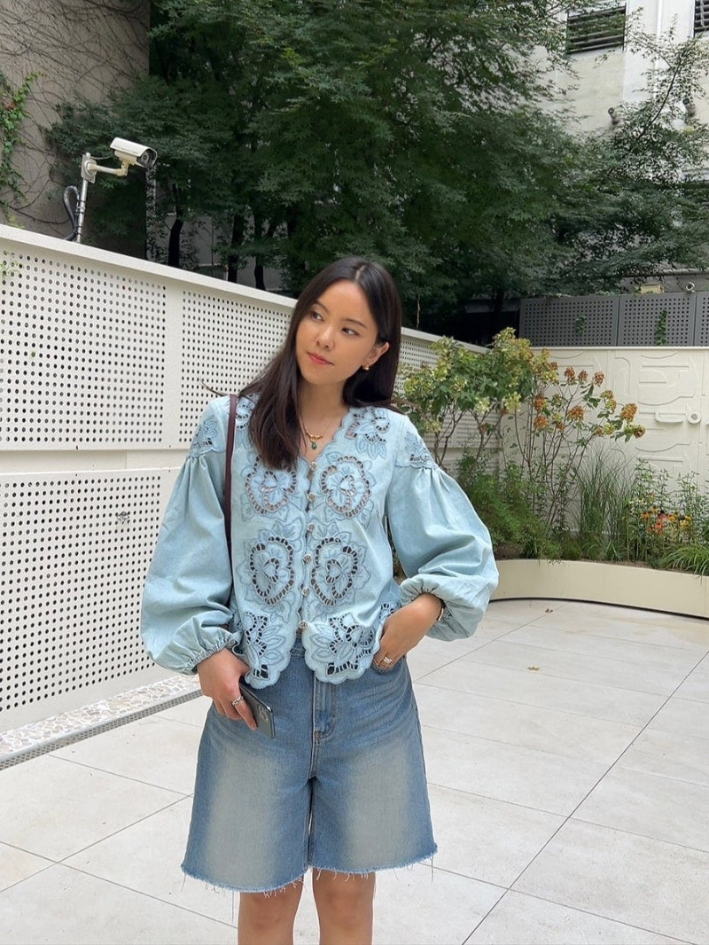 Women's Chambray Lace Cutout Floral Embroidered Blouse