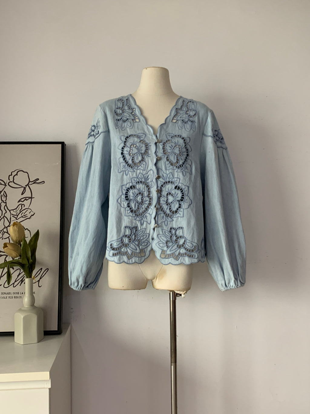 Women's Chambray Lace Cutout Floral Embroidered Blouse