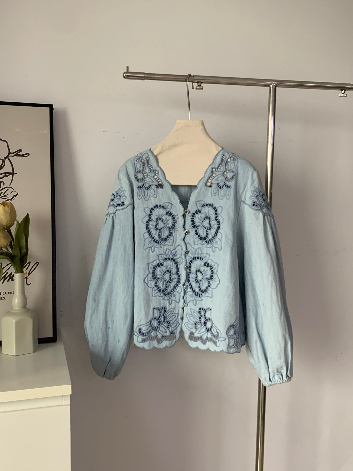 Women's Chambray Lace Cutout Floral Embroidered Blouse