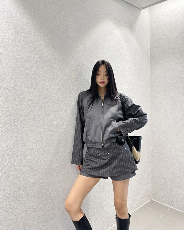 Women's Color Block Pinstripe & Solid Two-Piece Set Zip-Up Top + Skort