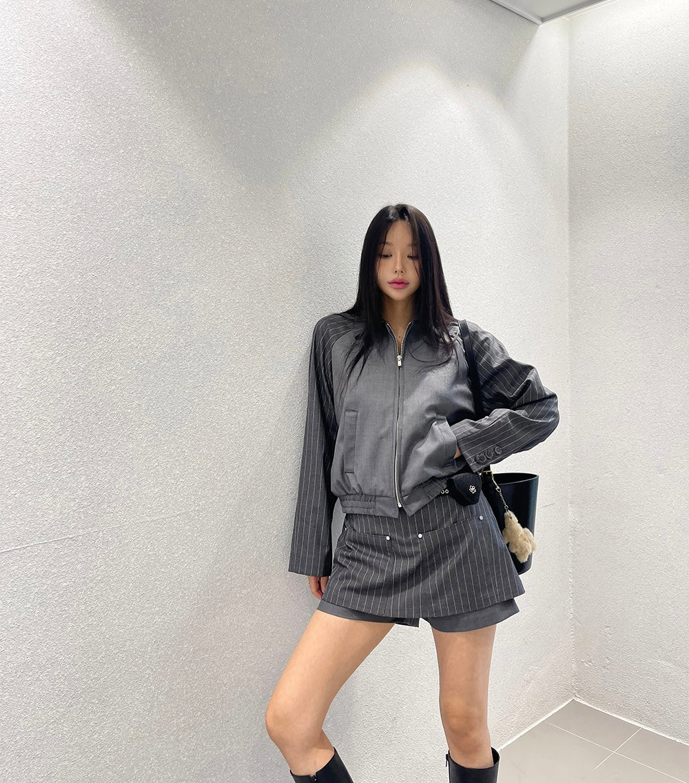 Women's Color Block Pinstripe & Solid Two-Piece Set Zip-Up Top + Skort