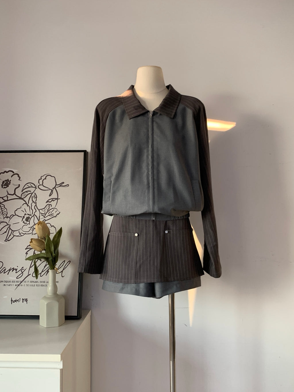 Women's Color Block Pinstripe & Solid Two-Piece Set Zip-Up Top + Skort