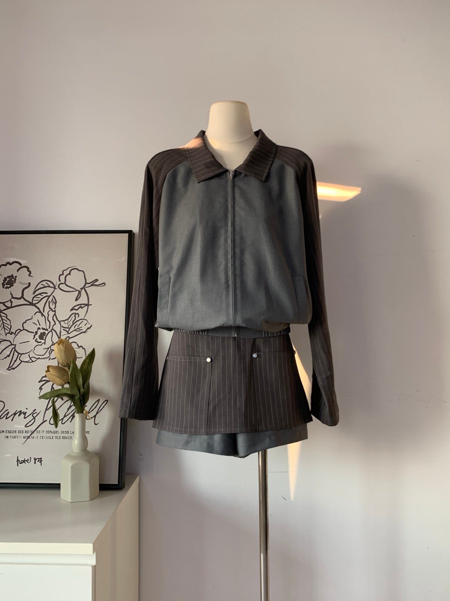 Women's Color Block Pinstripe & Solid Two-Piece Set Zip-Up Top + Skort