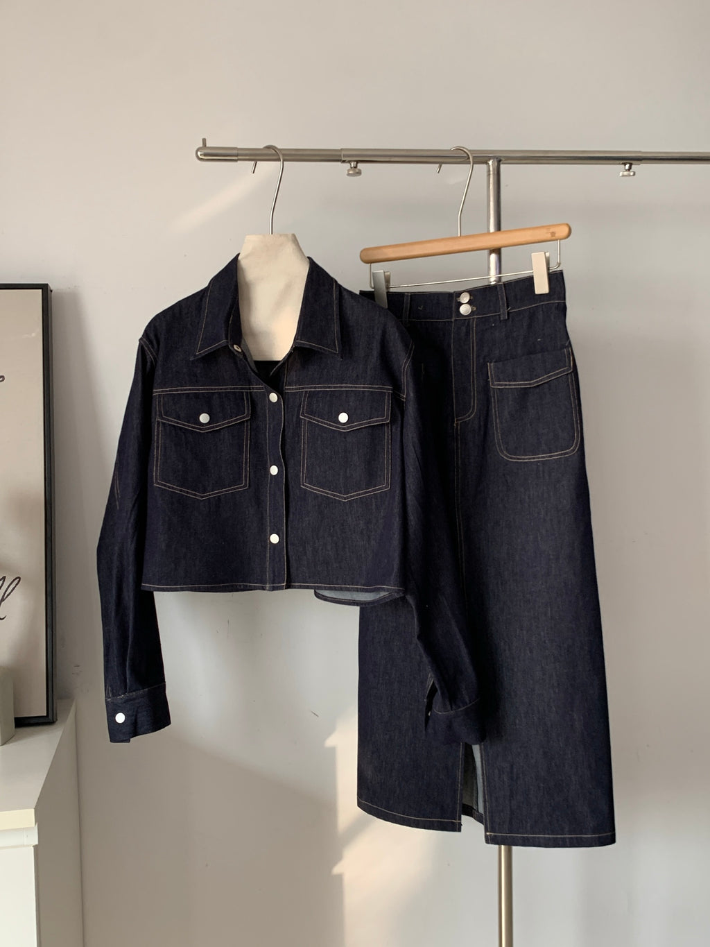 Women's Raw Denim Cropped Jacket & Maxi Skirt Two-Piece Set