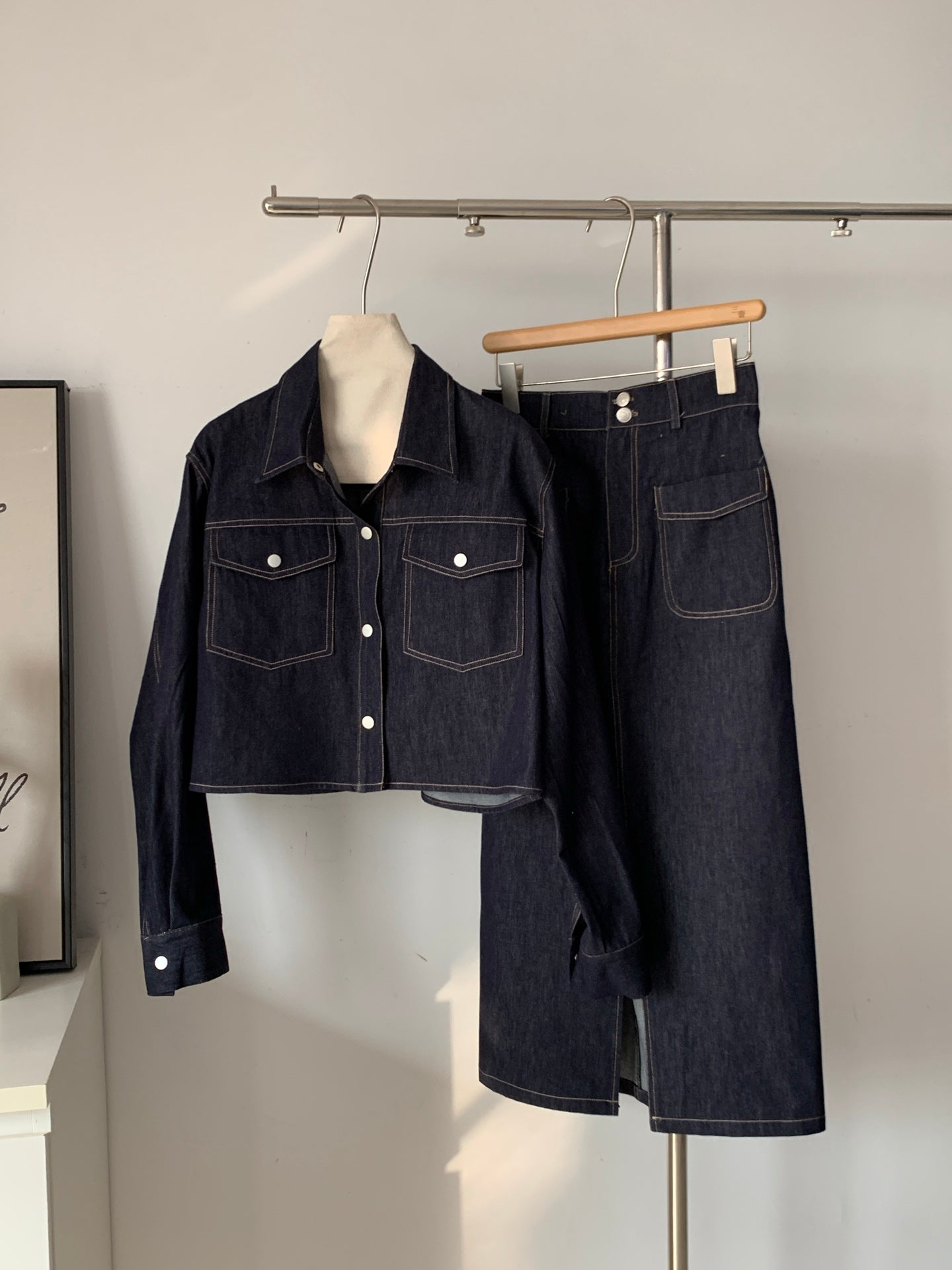 Women's Raw Denim Cropped Jacket & Maxi Skirt Two-Piece Set