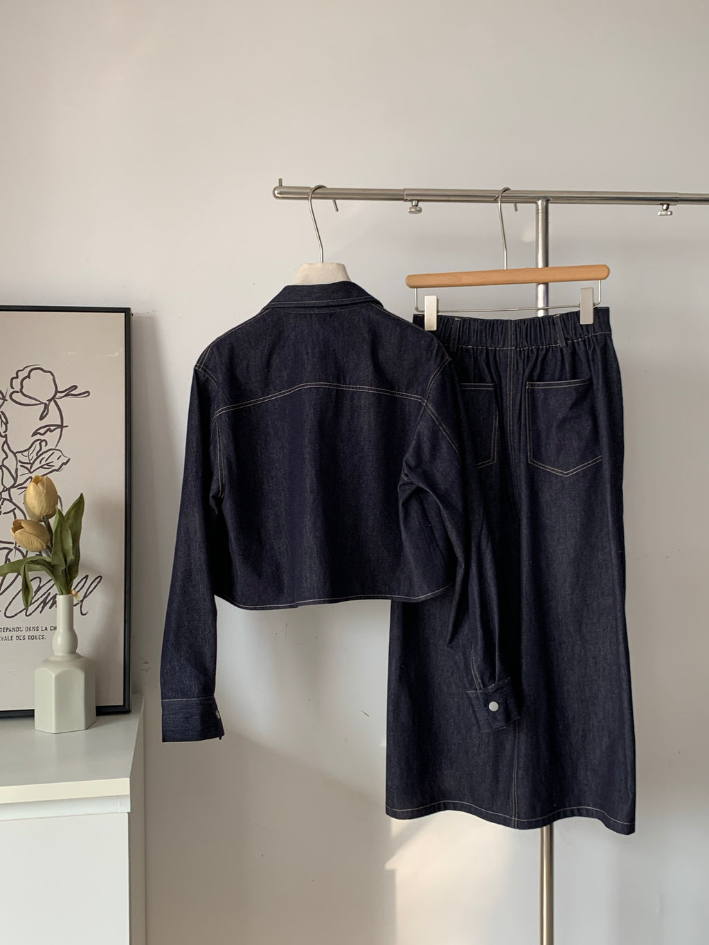 Women's Raw Denim Cropped Jacket & Maxi Skirt Two-Piece Set