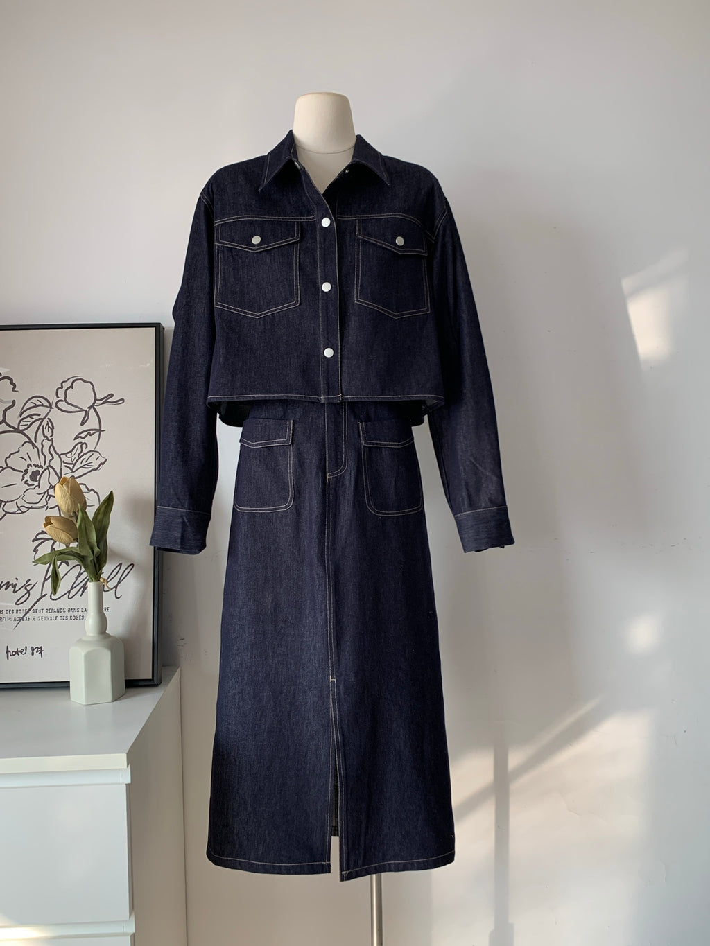 Women's Raw Denim Cropped Jacket & Maxi Skirt Two-Piece Set