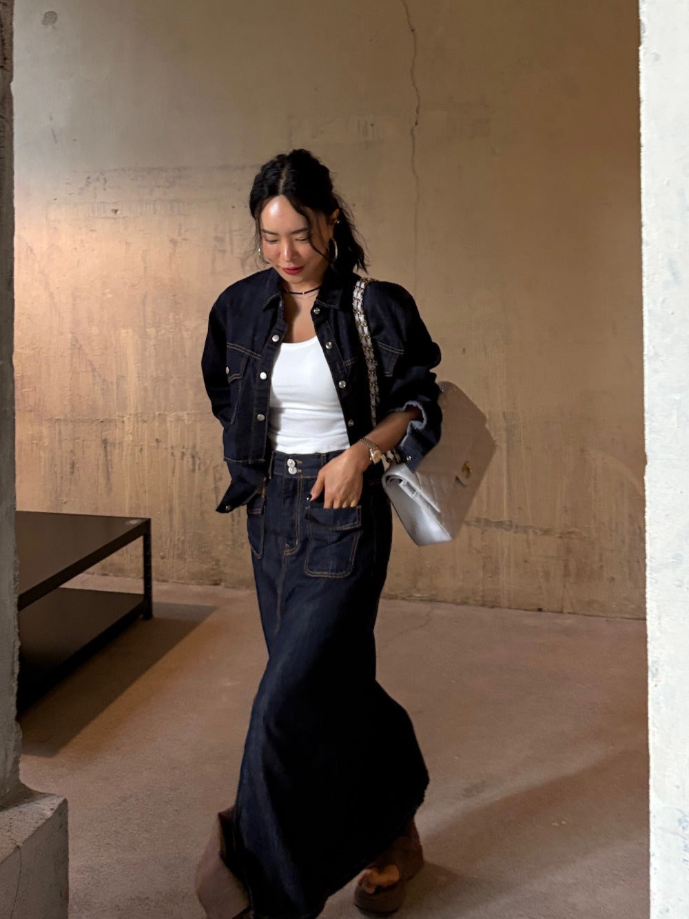 Women's Raw Denim Cropped Jacket & Maxi Skirt Two-Piece Set
