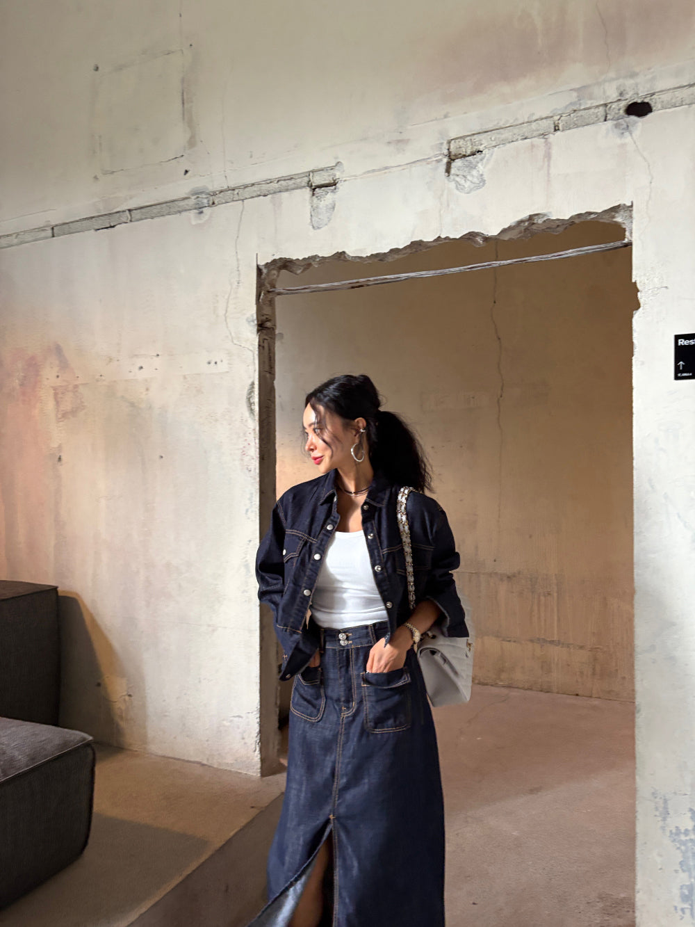 Women's Raw Denim Cropped Jacket & Maxi Skirt Two-Piece Set
