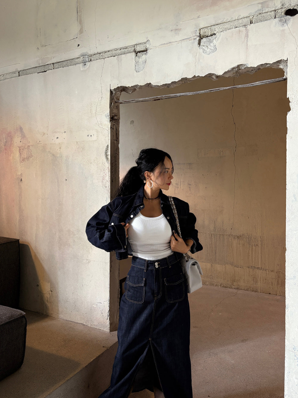Women's Raw Denim Cropped Jacket & Maxi Skirt Two-Piece Set