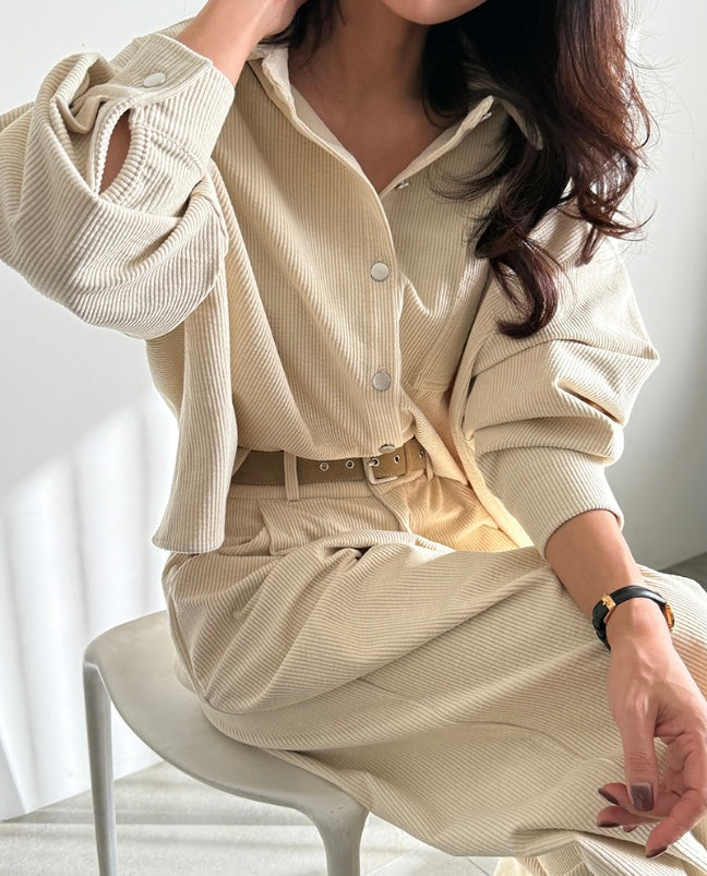 Women's Corduroy Shirt & Wide-Leg Pants Two-Piece Set
