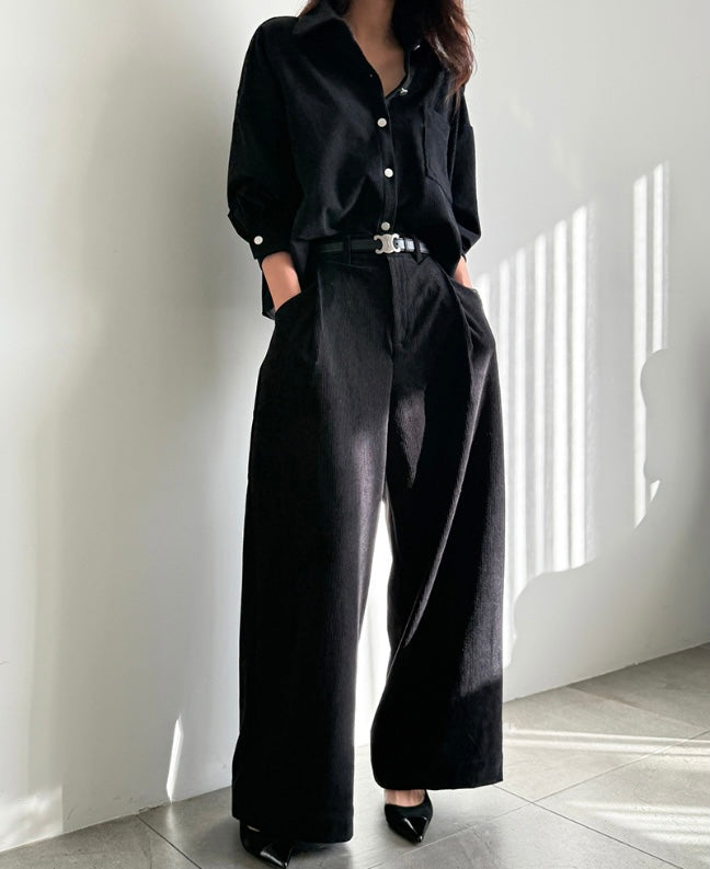 Women's Corduroy Shirt & Wide-Leg Pants Two-Piece Set
