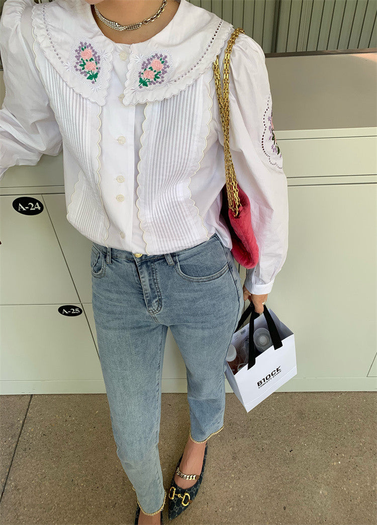 Women's Floral Embroidered Ruffle Collar Cotton Blouse